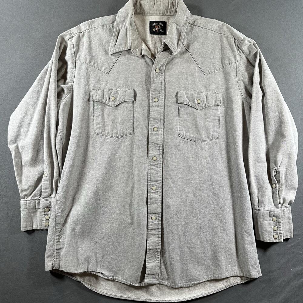 Vntg Saddle King Western by Key Gray Cotton Pearl Snap Men's XL Long Sleeve